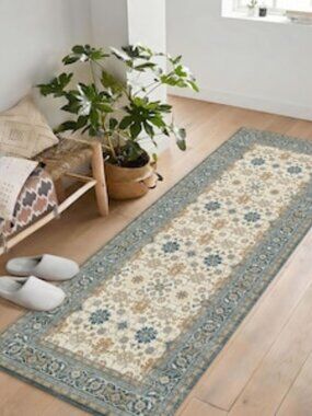Traditional Oriental Runner Rug, Beige Blue Floral Border, Persian Style 20x60